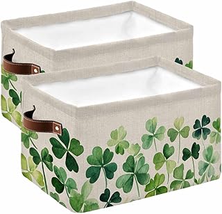 Storage Bins Large Storage Basket,Irish St. Patrick's Day Green Four Leaf on Linen Collapsible Storage Bins with Handle,Spring Leaf Storage Baskets Cube Organizer for Shelves Closet Nursery, 2PCS
