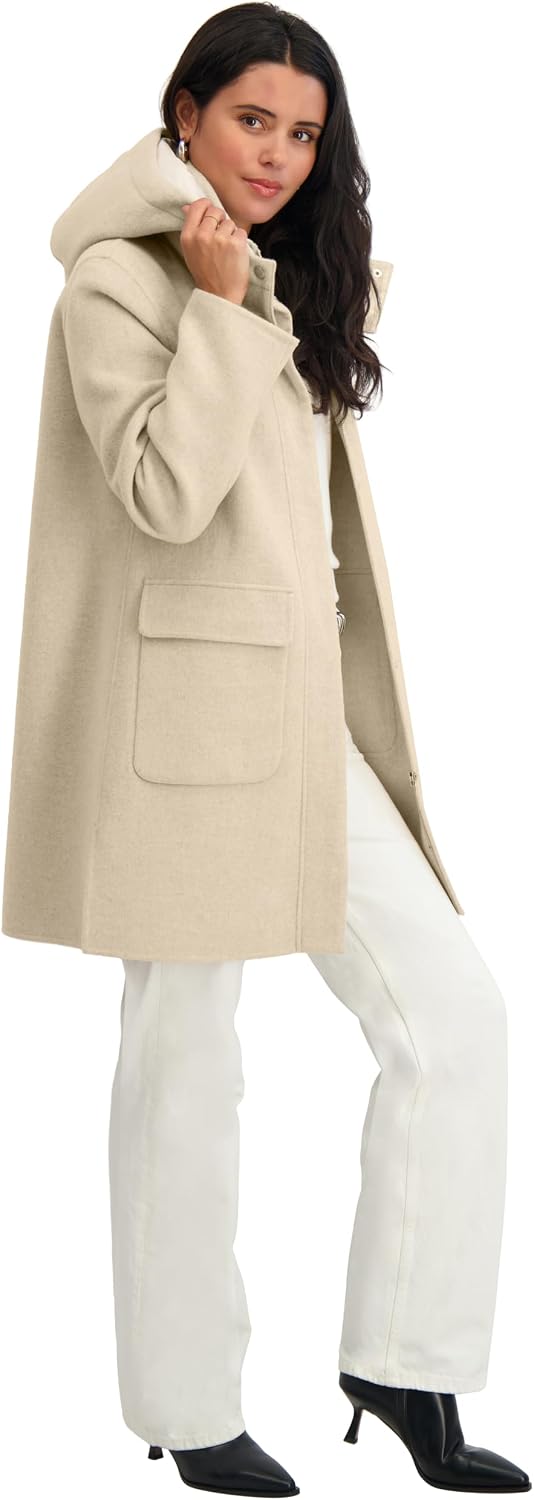 TAHARI Women's Double-faced Soft Wool Blend Zip Front Coat With Detachable Hood & Cargo Pockets, 34" Length