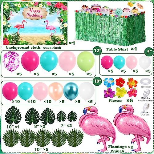 Winrayk 113Pcs Hawaiian Flamingo Party Decorations Luau Tropical Flamingo Balloons Arch Kit Birthday Backdrop Grass Table Skirt Palm Leaves Flower Summer Beach Pool Luau Party Decorations Supplies #TOP1