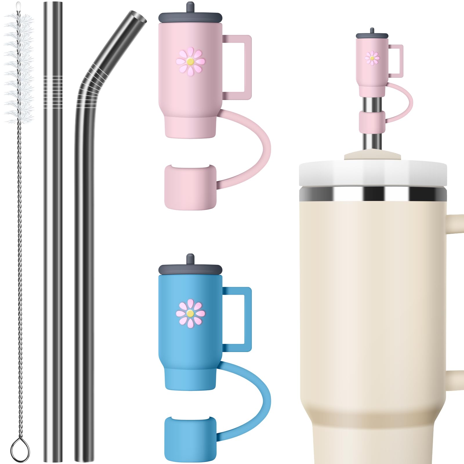 2PCS Cute Straw Covers Compatible with Stanley 30 & 40 oz Tumbler – Leakproof Straw Cap with Stainless Steel Straw & Brush, Reusable Tumbler Accessories (Pink & Blue)