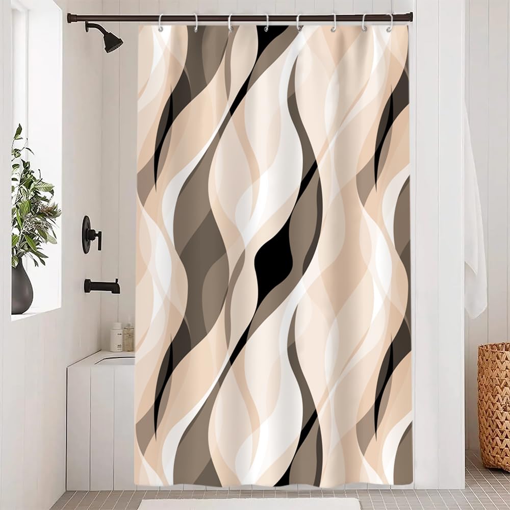 Uiiooazy Cortina de ducha marrón, cortina de ducha de 120 x 200 cm, antimoho, color beige, gradiente a rayas, diseño de rayas, tela lavable, impermeable, poliéster, cortina de baño con 8 ganchos para