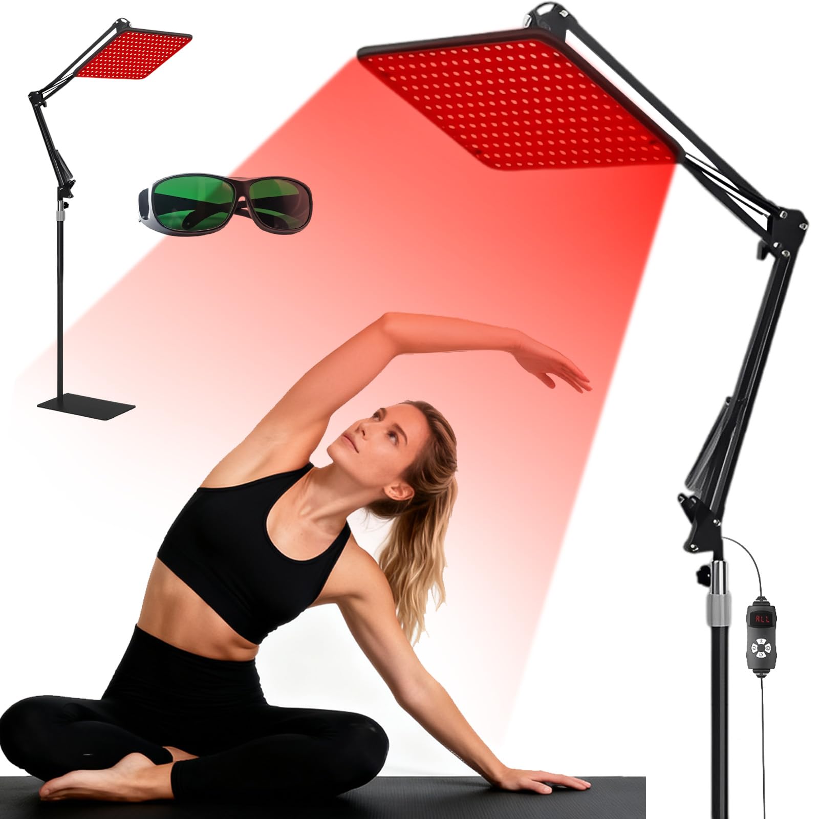 Rotlichtlampe für Ganzkörper & Gesicht Infrarotlampe mit 200 LED Tri-Wellenlänge 660nm, 850nm, 940nm Großes Wärmelampe-Panel mit Verstellbarem Ständer & Schutzbrille ideales Well