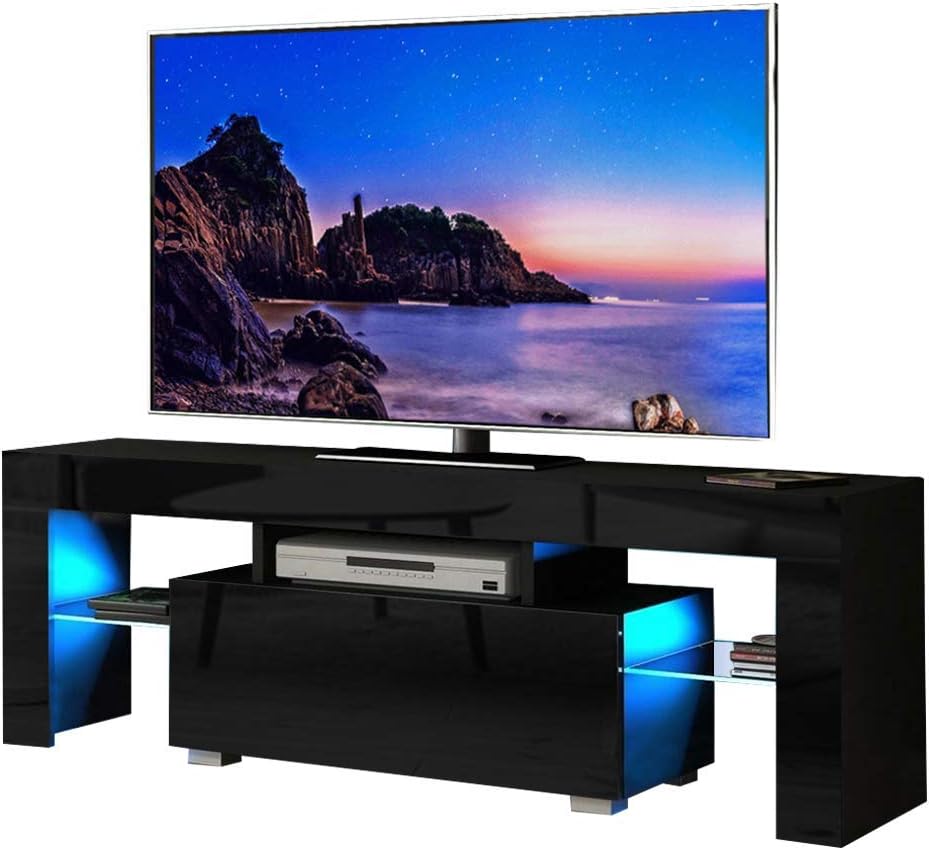 Black TV Stand with Light, Entertainment Center with Storage Drawer for 55 Inch TV, High Gloss TV Stand Television Cabinet with Glass Shelf, Media Console Table for Living Room Bedroom