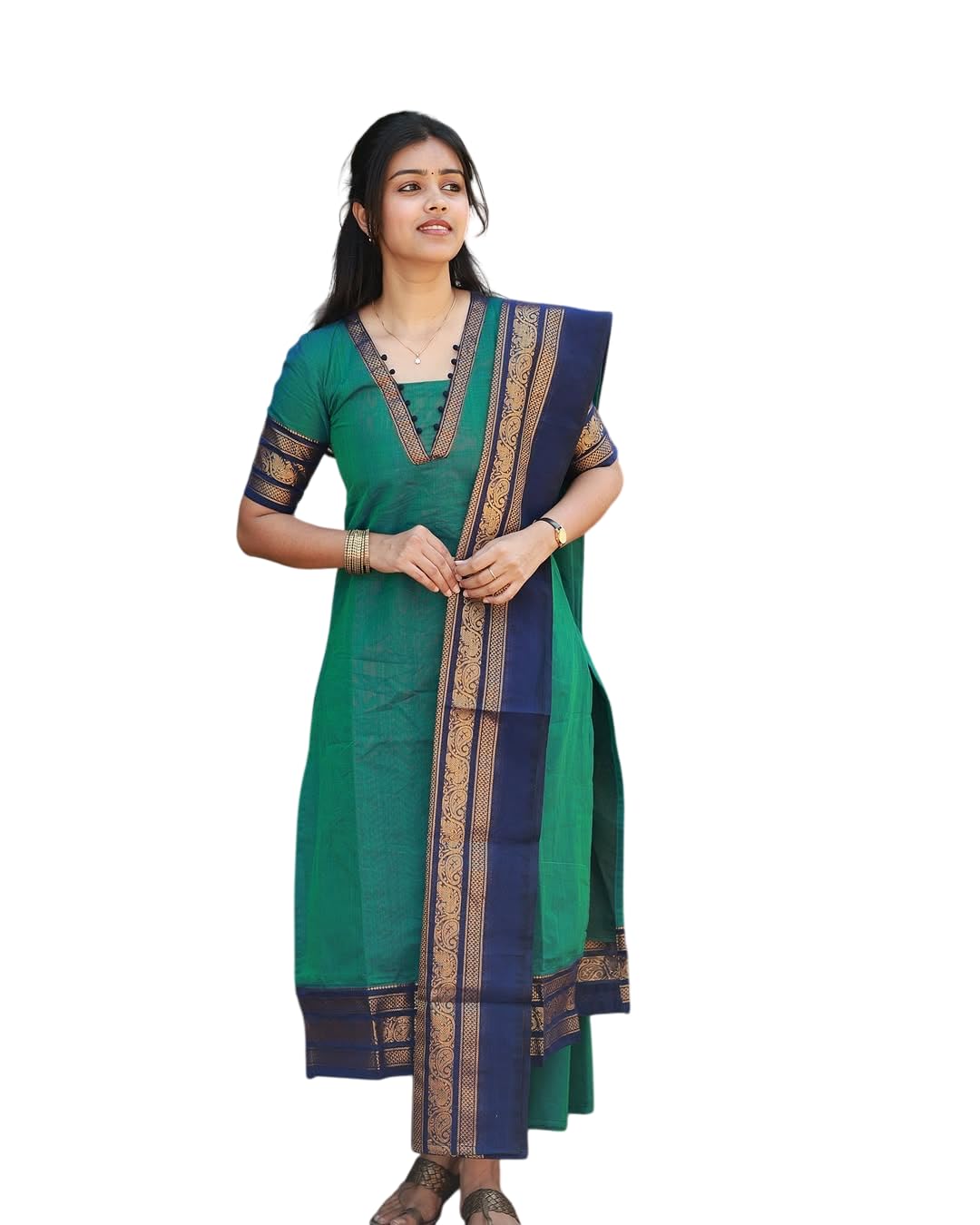 Women's Green Cotton Kurta with Dupatta Navy Blue Zari Border Dupatta, Traditional Indian Ethnic Wear-picture-30
