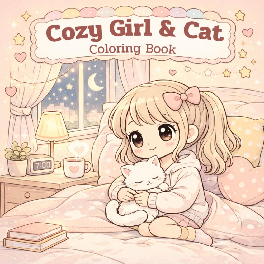 Cozy Girl & Cat Coloring Book: Cute Kawaii Bold and Easy Designs for Relaxation and Stress Relief