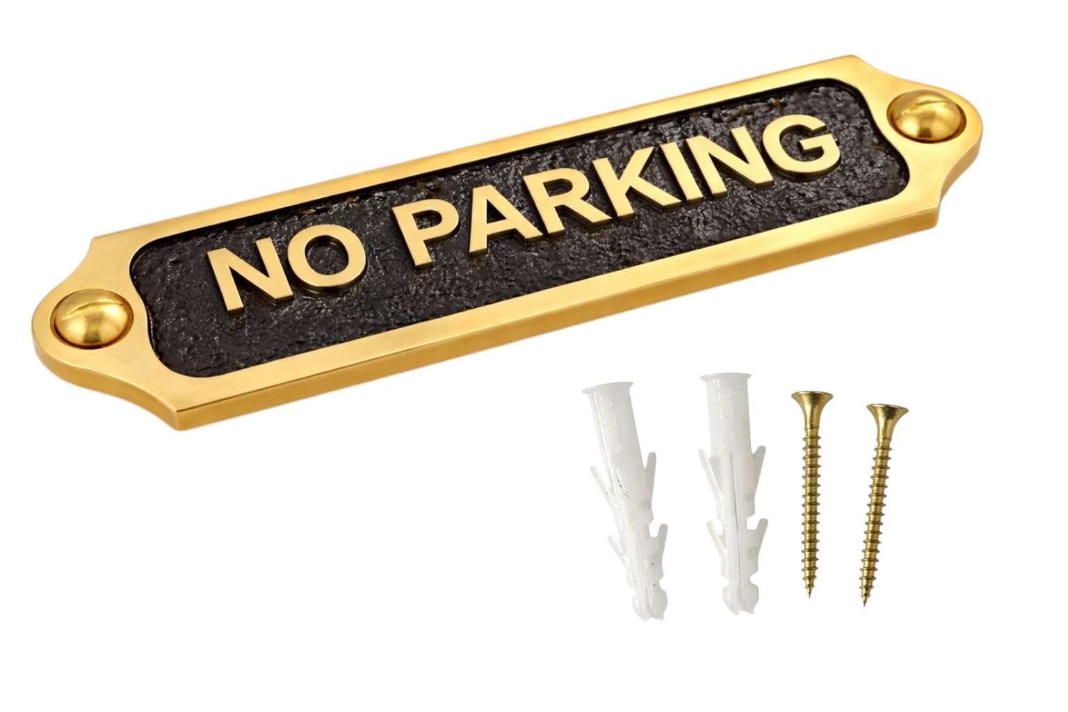 NO PARKING Brass Metal Door Sign Plaque | Solid Brass with Black Engraved Letters Mounted Name Plate with Screws | Indoor Outdoor Home Office Shop Gate Wall Sign | 21.5 x 4.5 cm | NO PARKING