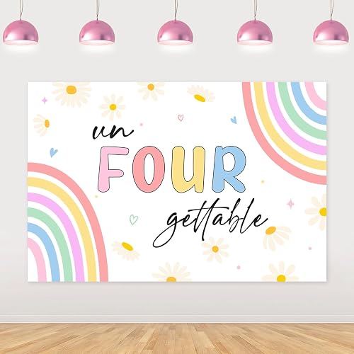 Unforgettable 4th Birthday Girl Decorations Backdrop 5 * 3ft Vinyl Cloth Fabric Photography Background for Princess Rainbow 4 Four Years Old 4th Girl Birthday Decoration