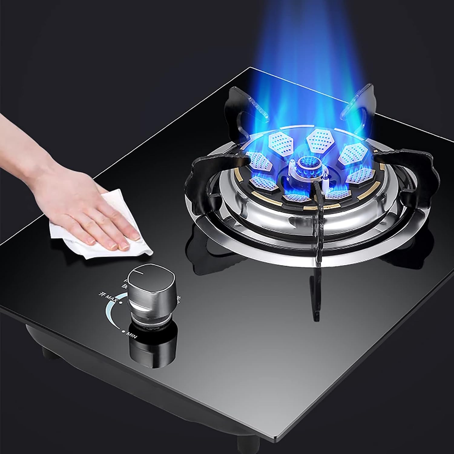 Gas Hob 33Cm Built-In Gas Hob, Black Tempered Glass Gas Cooktop, 1 Cast Iron Portable Hob Ring (C LPG) (Black NG)
