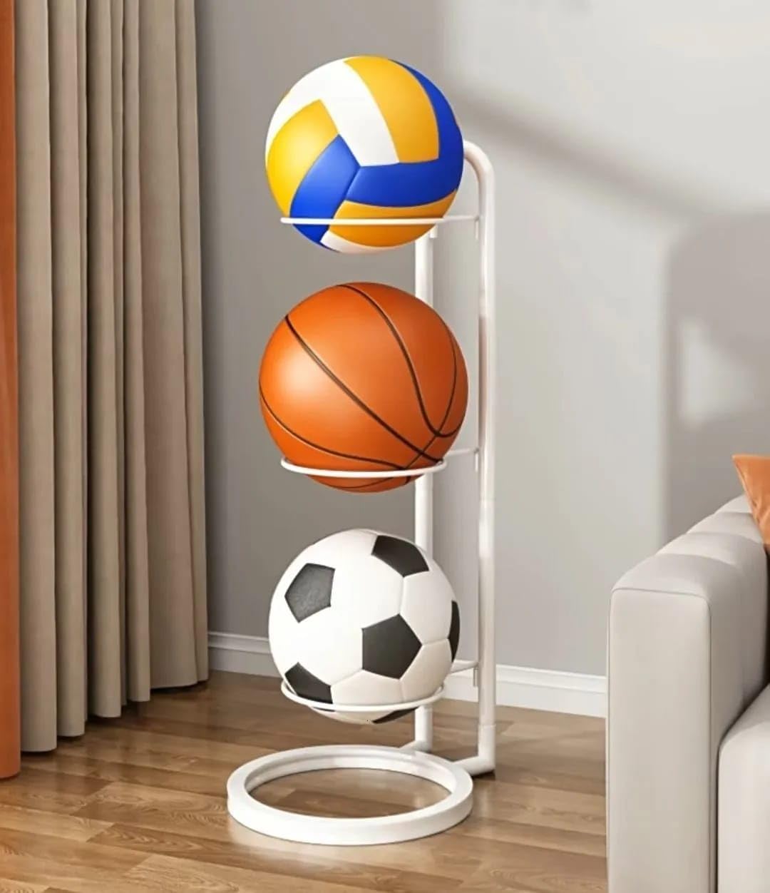 ARHAT ORGANIZERS 3 Tier Sports Ball Stand, Modern Vertical Metal Ball Storage Rack – Holds Basketball, Volleyball, Football – Space-Saving Organizer for Home, Gym, Sports Room-image-2