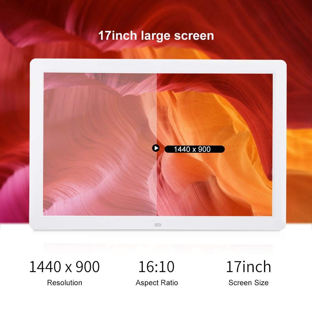 Cadre Photo numérique, 17 Pouces 1440 * 900 HD, Lecteur de Musique et vidéo/réveil/Calendrier Prend en USB et Carte SD de 32 Go (Blanc)