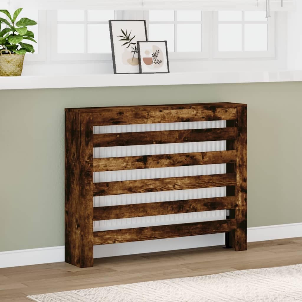 Revestimiento para radiadores de roble ahumado, 104 x 20 x 82 cm, material de madera con diseño de lamas, práctico estante, soporte de pared incluido, apto para salón, baño y dormitorio