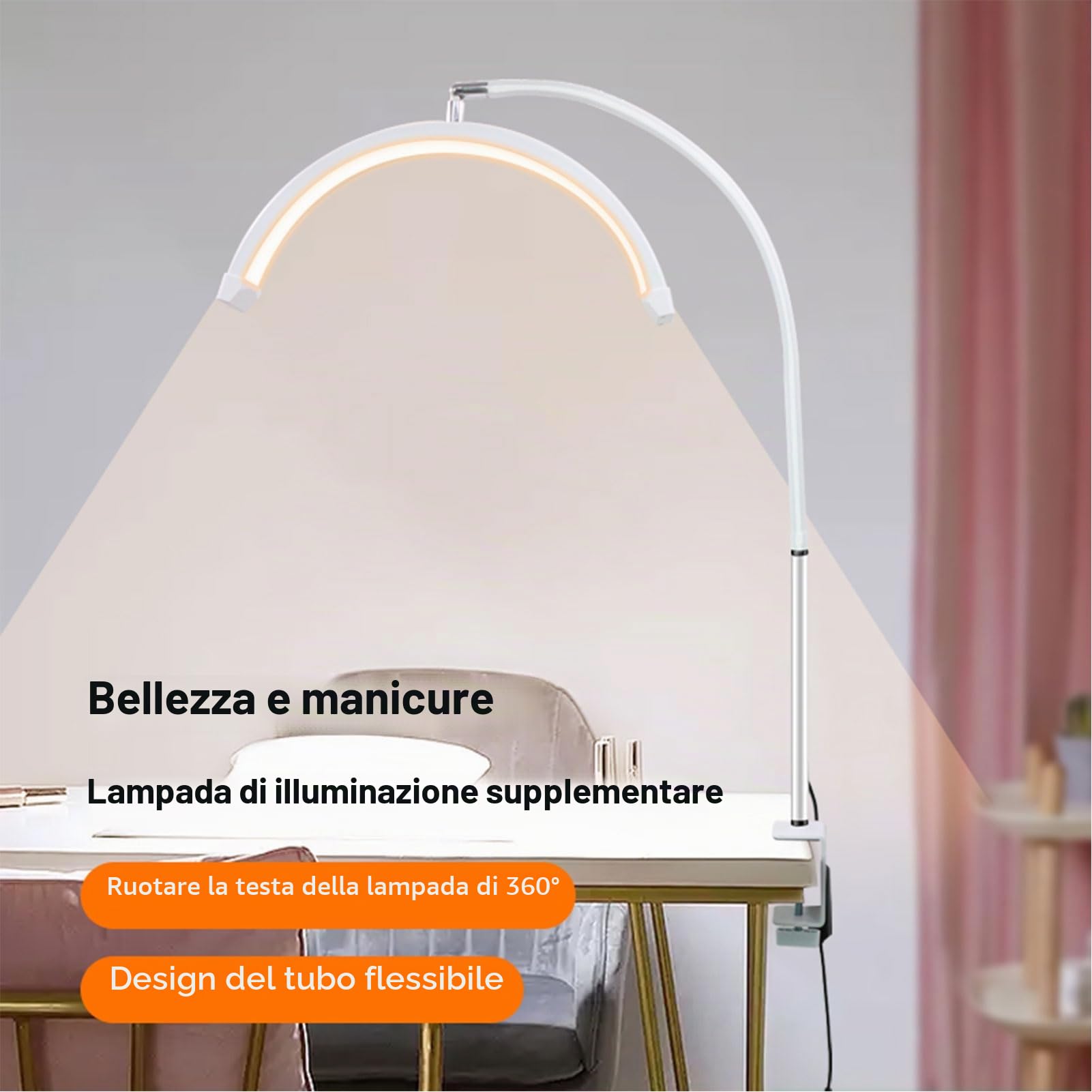 Andoer Lampada di bellezza a LED a mezzaluna da 16 pollici con morsetto da scrivania, luce di riempimento per unghie/ciglia da 20 W, tubo flessibile (#3)