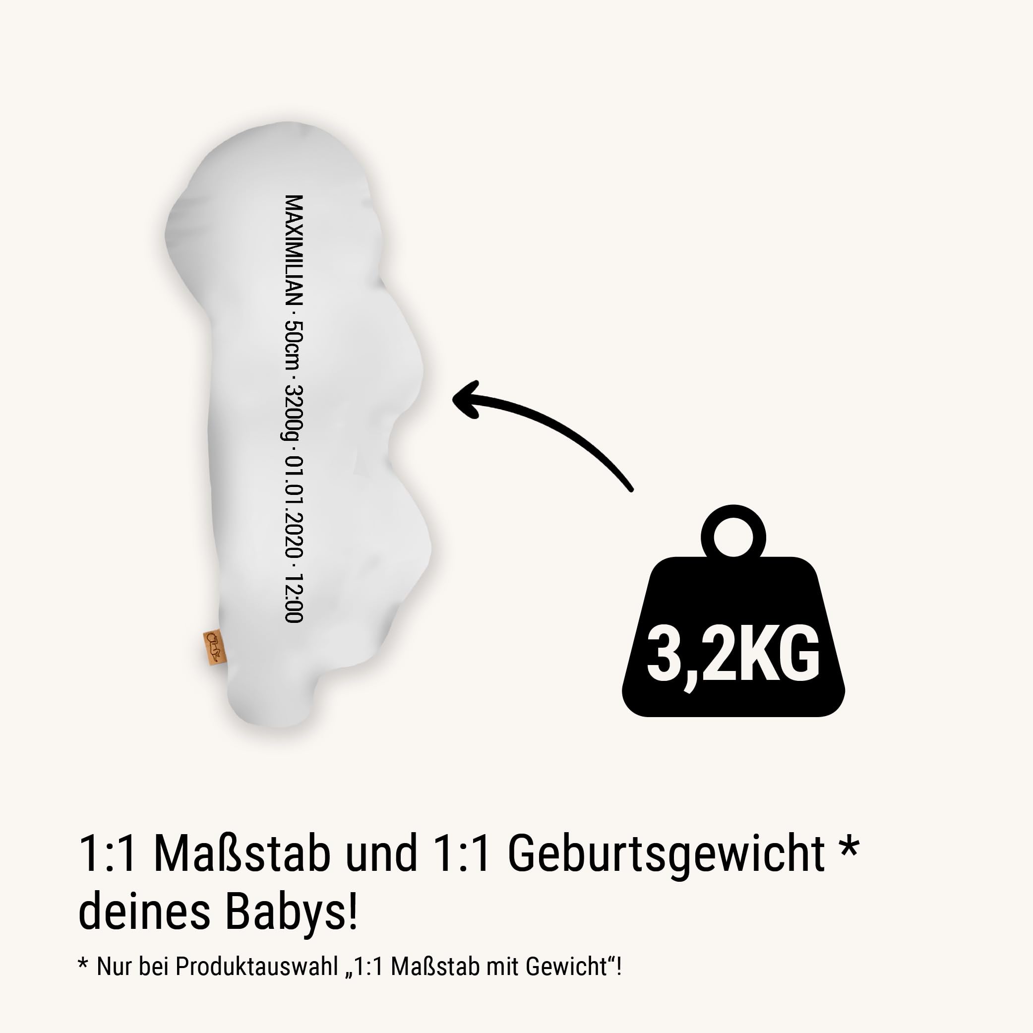 Personalisiertes Geburtskissen zur Geburt im 1:1 Maßstab | Mit Namen für Neugeborene | Erinnerungen in Originalgröße Jungen Mädchen (Moon Grey, 1:1 Maßstab mit Gewicht, Watercolor Two)