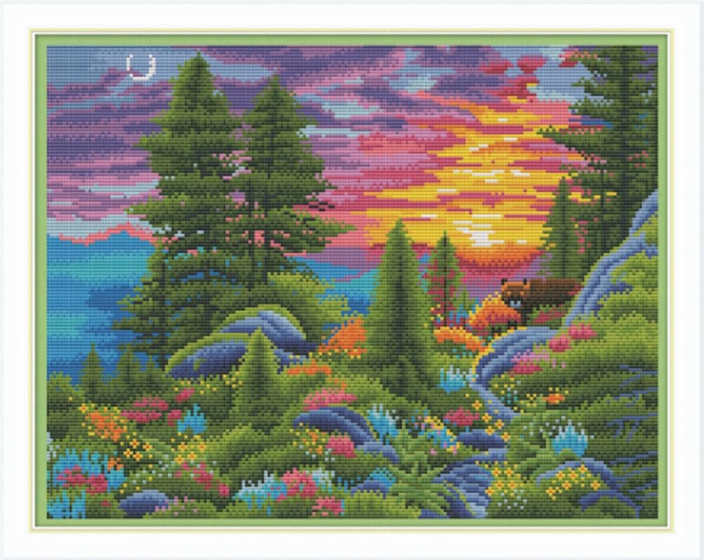Meecaa Cross Stitch Kits 11 Count Stamped, Mountain Landscape Embroidery Kit with Accessories Pre Printed (40CMx50CM) (Mountain)