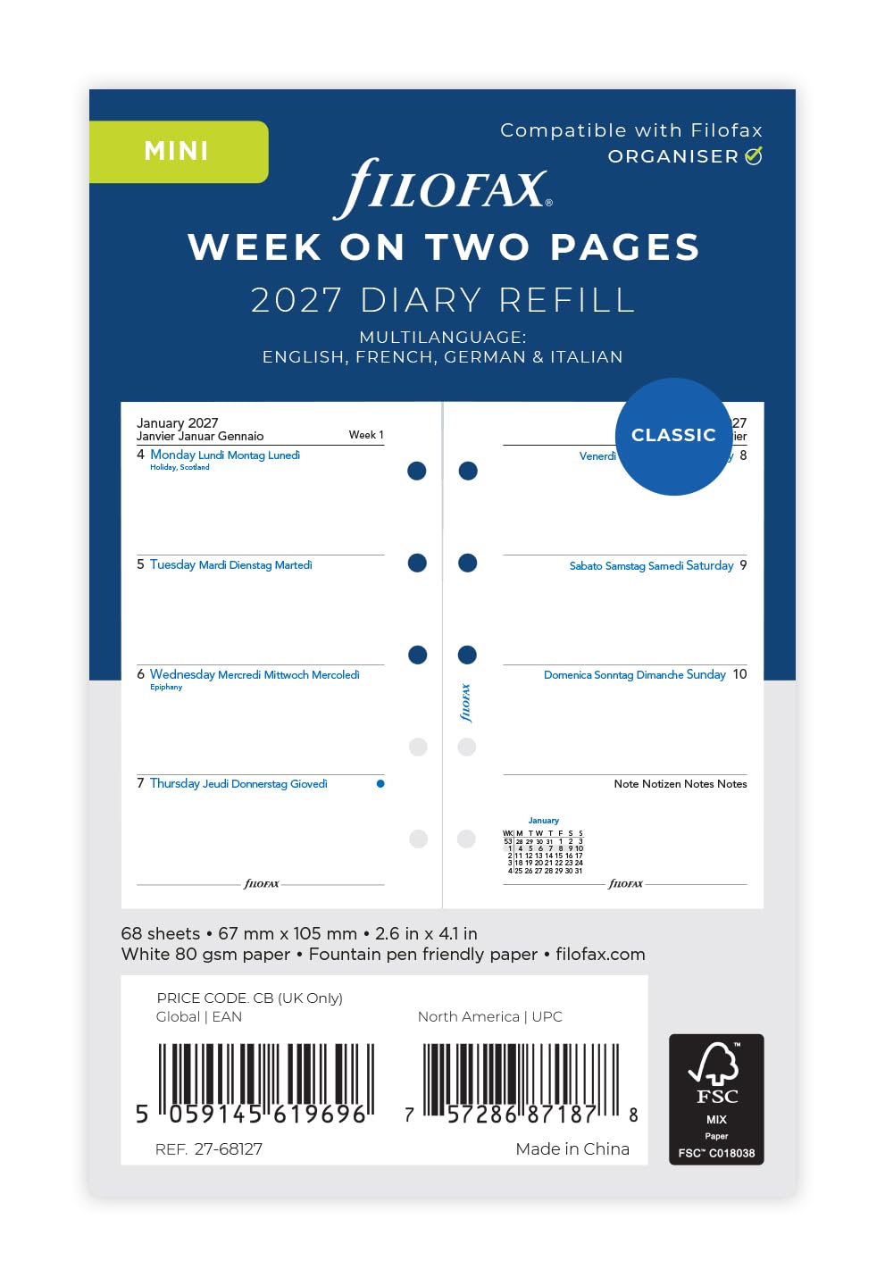 Filofax Mini Week on two pages 4 language 2027 diary 27-68127