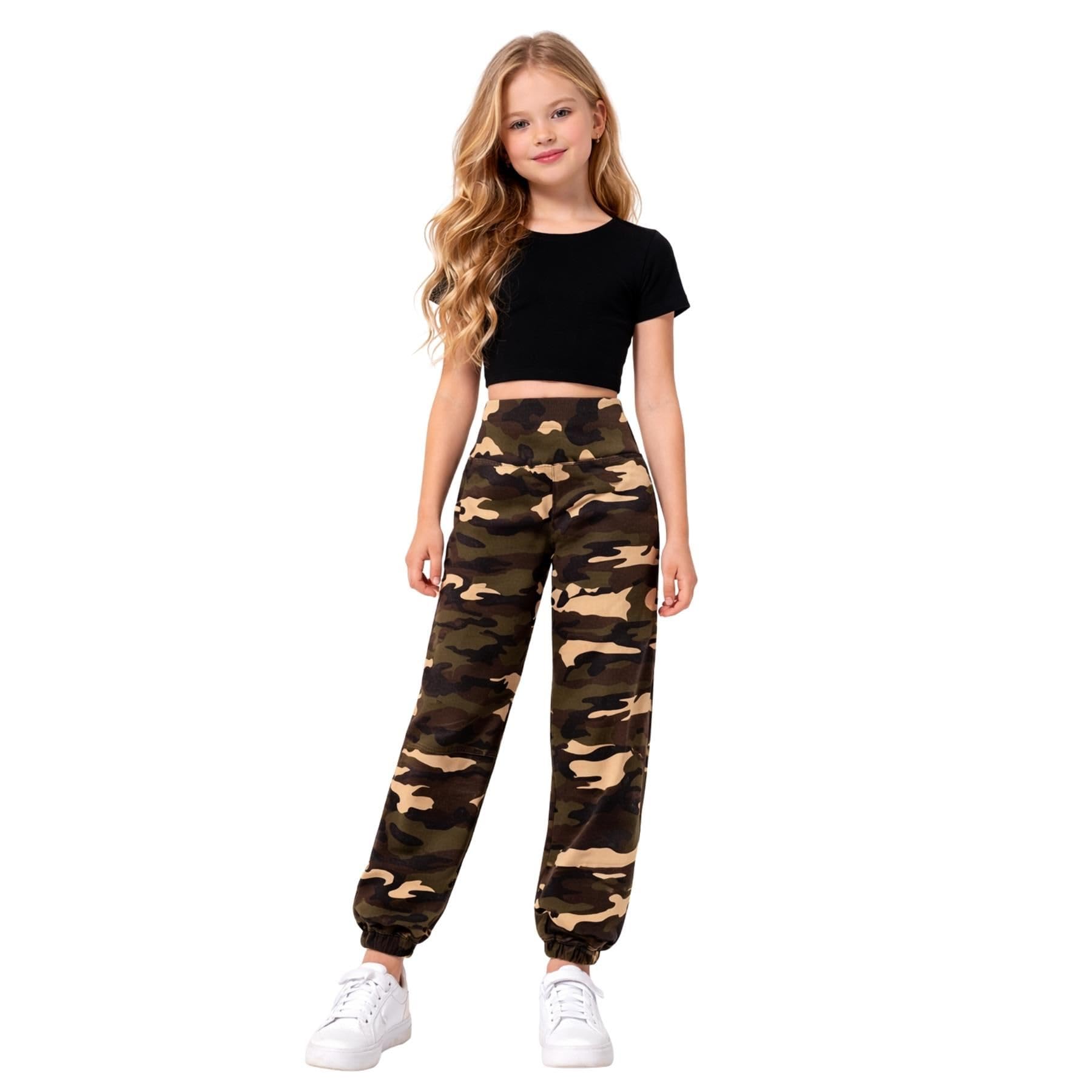 janisramone Kids Girls New Neon Crop Top Army Camo Print Alibaba Harem Leggings 2 Pcs Co-ord Dance Sets