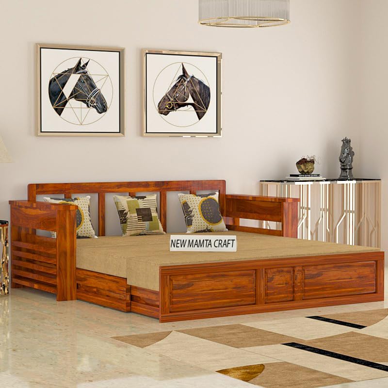 Solid Sheesham Wood 3 Seater Foster Sofa Cums Bed with Storage and Side Pockets Wooden Sofa Bed for Home (Natural Beige)