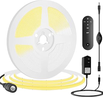 RYE COB Tape Light, LED Strip Light, Flexible, 0.2 inches 5 mm, Wide Density, Hidden LED Tape Light, 3.9 ft 1.5 m, 320 LEDs/M, White Light 6000K, DC 12V Power Supply, Japanese PSE Certified, +