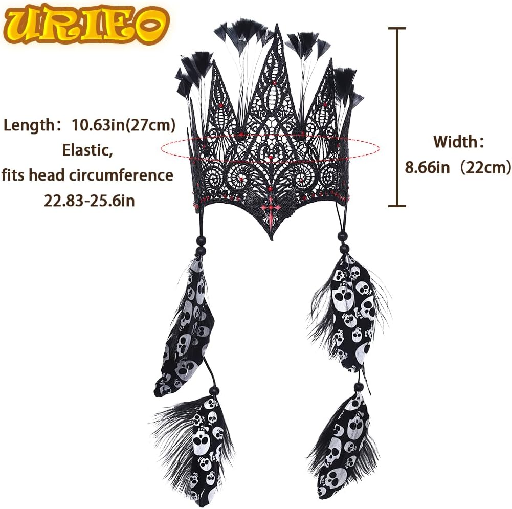Urieo Gothic Lace Crown Headpiece with Skull Print Feathers, Black and Red Crystal Headband, Halloween Costume Accessory - Image 4