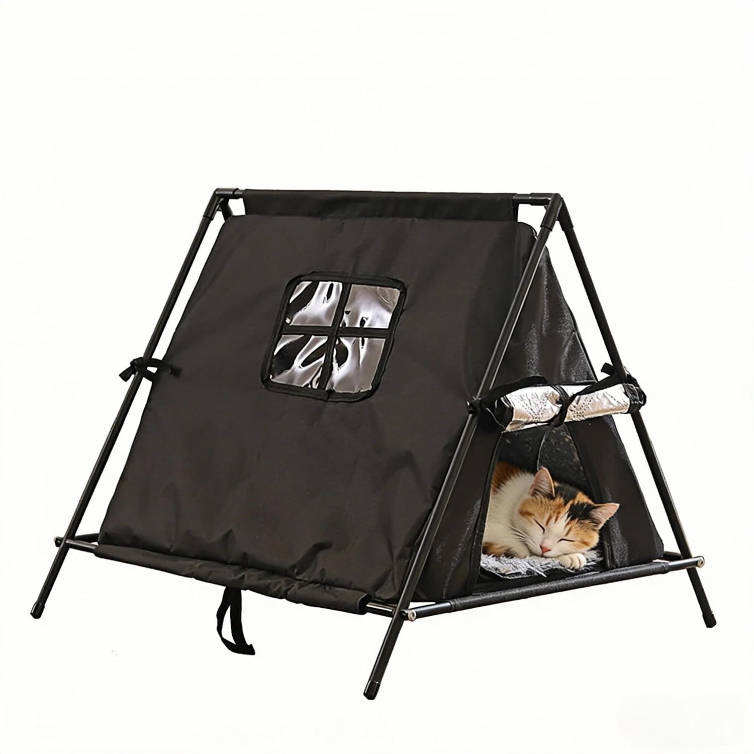 HTSTRAY Cat House with Plush Mat for Indoor and Outdoor, All-Season Cozy Cat Tent with Non-Slip Feet, Portable and Breathable Oxford Cloth Cat Bed, 60x65x55cm, Black