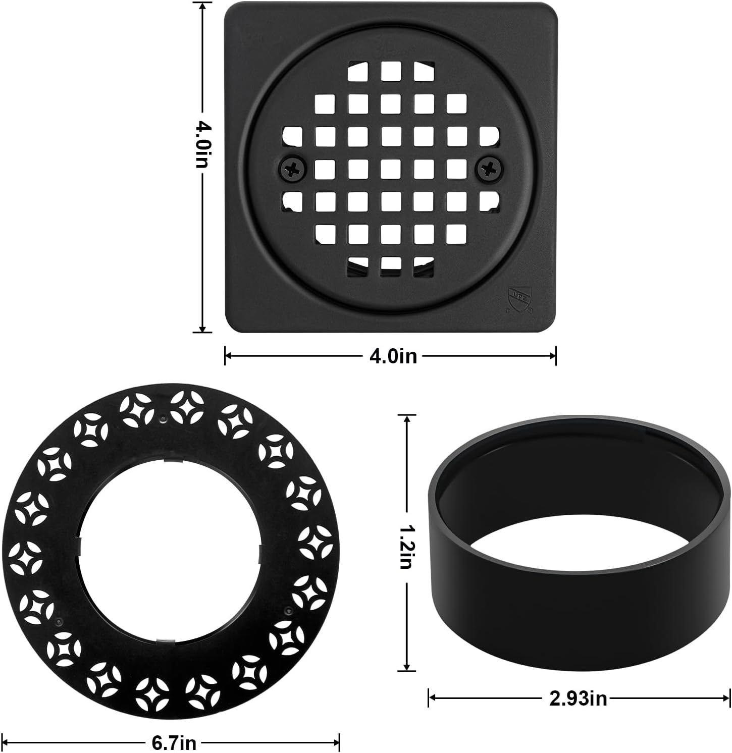 4 Inch Drain Grate Kit Compatible with Schluter Kerdi-Drain Flange Square Shower Floor Drain SS304 Stainless Steel and ABS Material - CUPC Certification, Matte Black