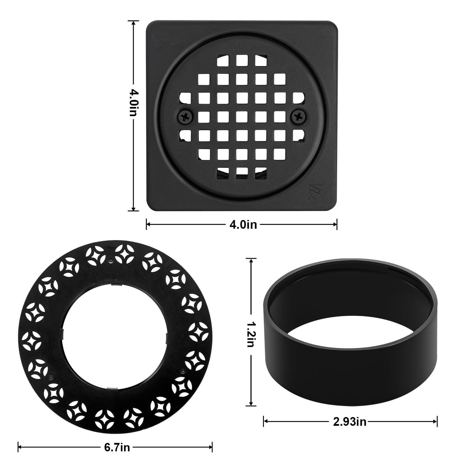 Kit de rejilla de drenaje de 4 pulgadas compatible con Schluter Kerdi-Drain Brida cuadrada de desagüe de piso de ducha SS304 de acero inoxidable y material ABS, certificación CUPC, negro mate