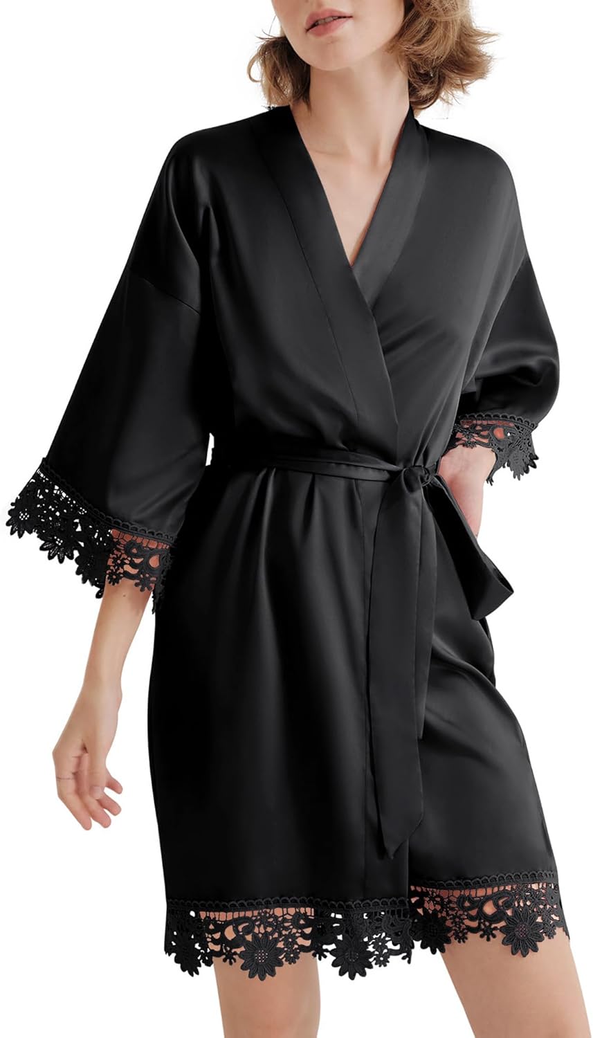 Xl SIORO Women's Satin Robe Lace Silk Kimono Robes Short for Bridesmaid Wedding Party Nightgown Print 2 Floral Print 1