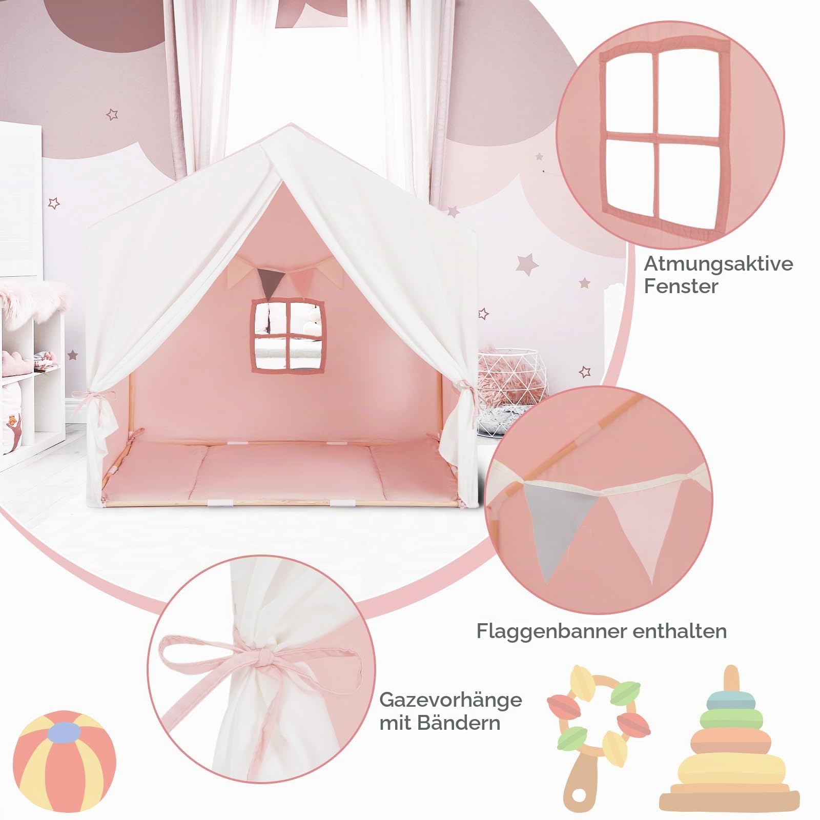 HOMASIS Kinderzelt Indoor, Spielzelt mit Matte, Vorhang, Flaggen, Spielhaus aus Holzrahmen, Bettzelt Prinzessin Zelt für Mädchen & Jungen ab 3 Jahren, Kinderspielhaus für Kinderzimmer (Rosa)