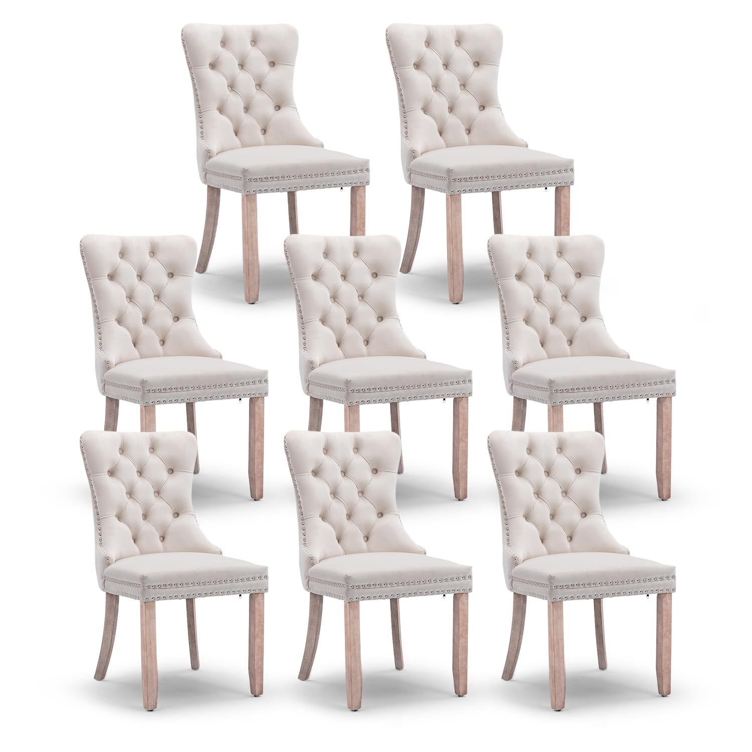 JETEAGO Velvet Dining Chair Set of 8, Upholstered Tufted Dining Room Chair with Nailhead Trim and Solid Wood Leg for Kitchen, Beige