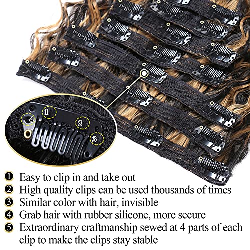 Deep Wave Clip In Hair Extension Human Hair Feeling Double Weft Hairpiece Synthetic For Women Thick Ombre Hair Extension Clips Natural Looking 24 Inch(P1B/27) #TOP4
