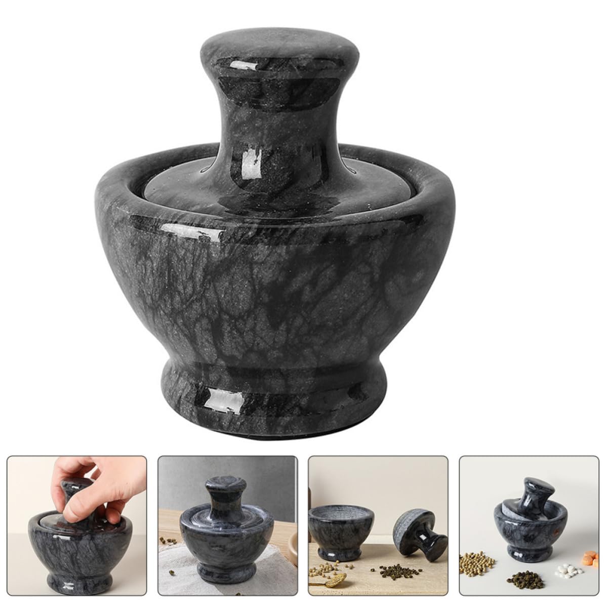 ULTECHNOVO Mortier en Marbre Noir Pilon Confortable pour Broyer Épices et Comprimés, Ustensile Cuisine pour Usage Ménager et Pharmacies