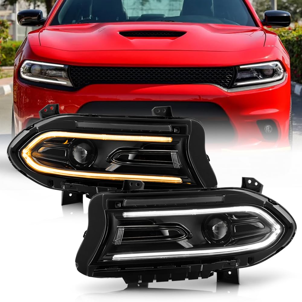 KEEKPO - For 2015-2023 Dodge Charger Halogen Switchback Signal LED DRL Projector Headlights Headlamps Pair Left+Right