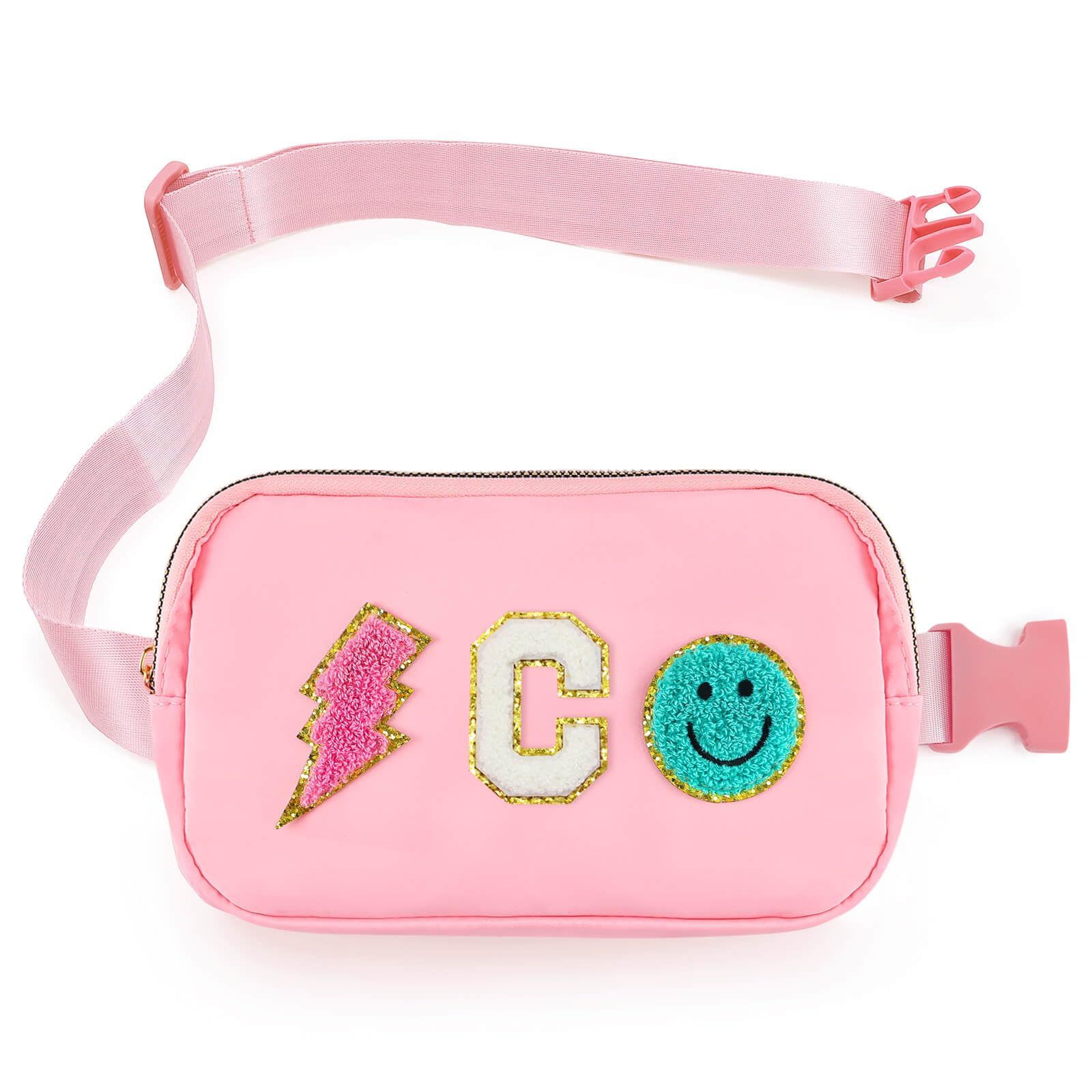 Fanny Pack for Girls Birthday Easter Gifts, Girls Crossbody Bag Preppy Nylon Teen Belt Bag for Graduation Travel Gifts, Light Pink Chenille C Letter