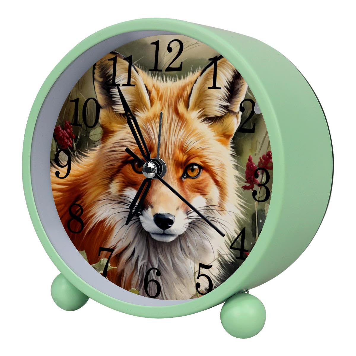 Luoweisi Alarm Clock Forest Fox, Silent Non-Ticking with Night Light, Round Metal Alarm Clock for Office, Battery Operated, Bedroom, Elderly, Adults, Children, Student Gifts