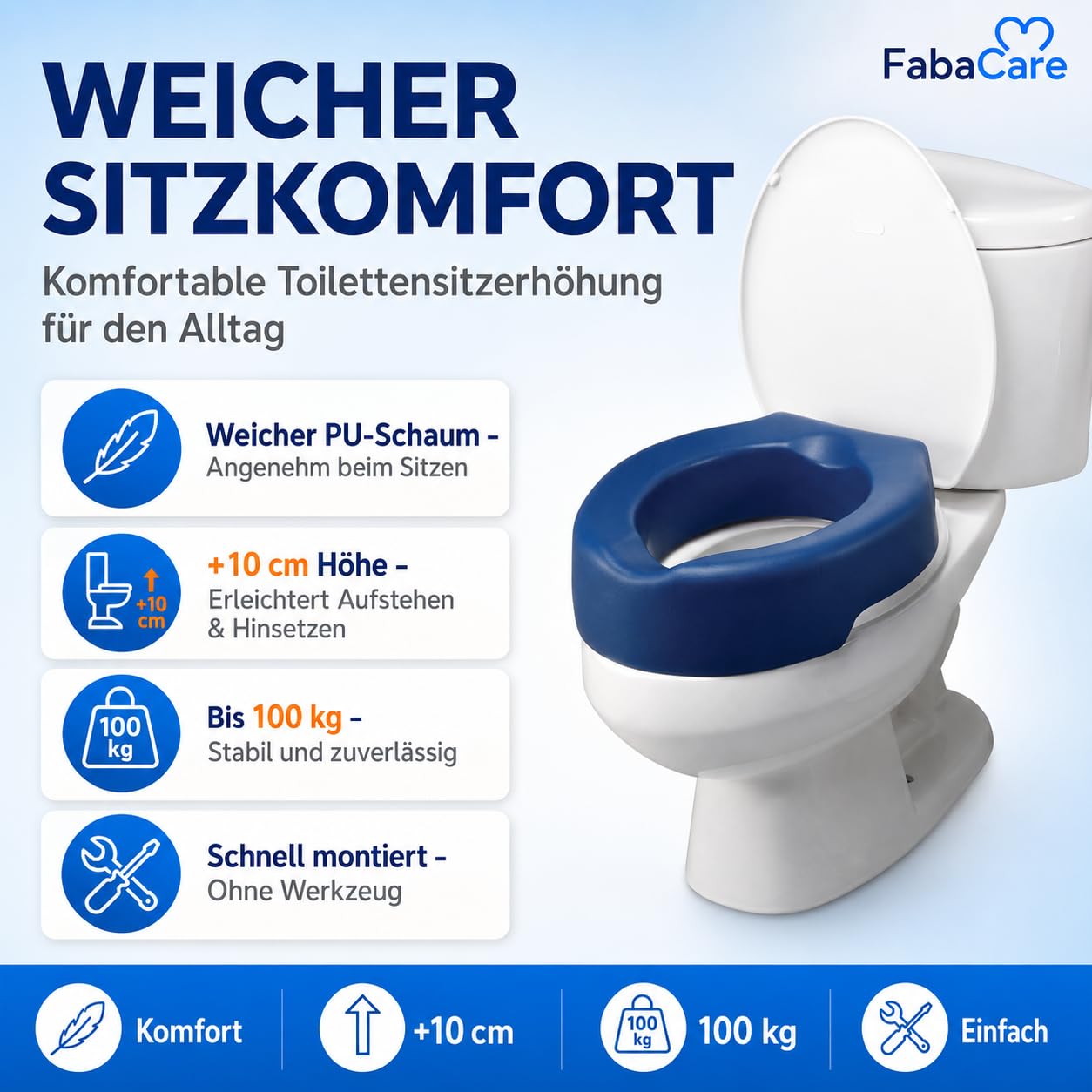 FabaCare Toilettensitzerhöhung Conti Soft, weicher Toilettenaufsatz, WC-Sitz blau, bis 100 kg, Höhe 10 cm