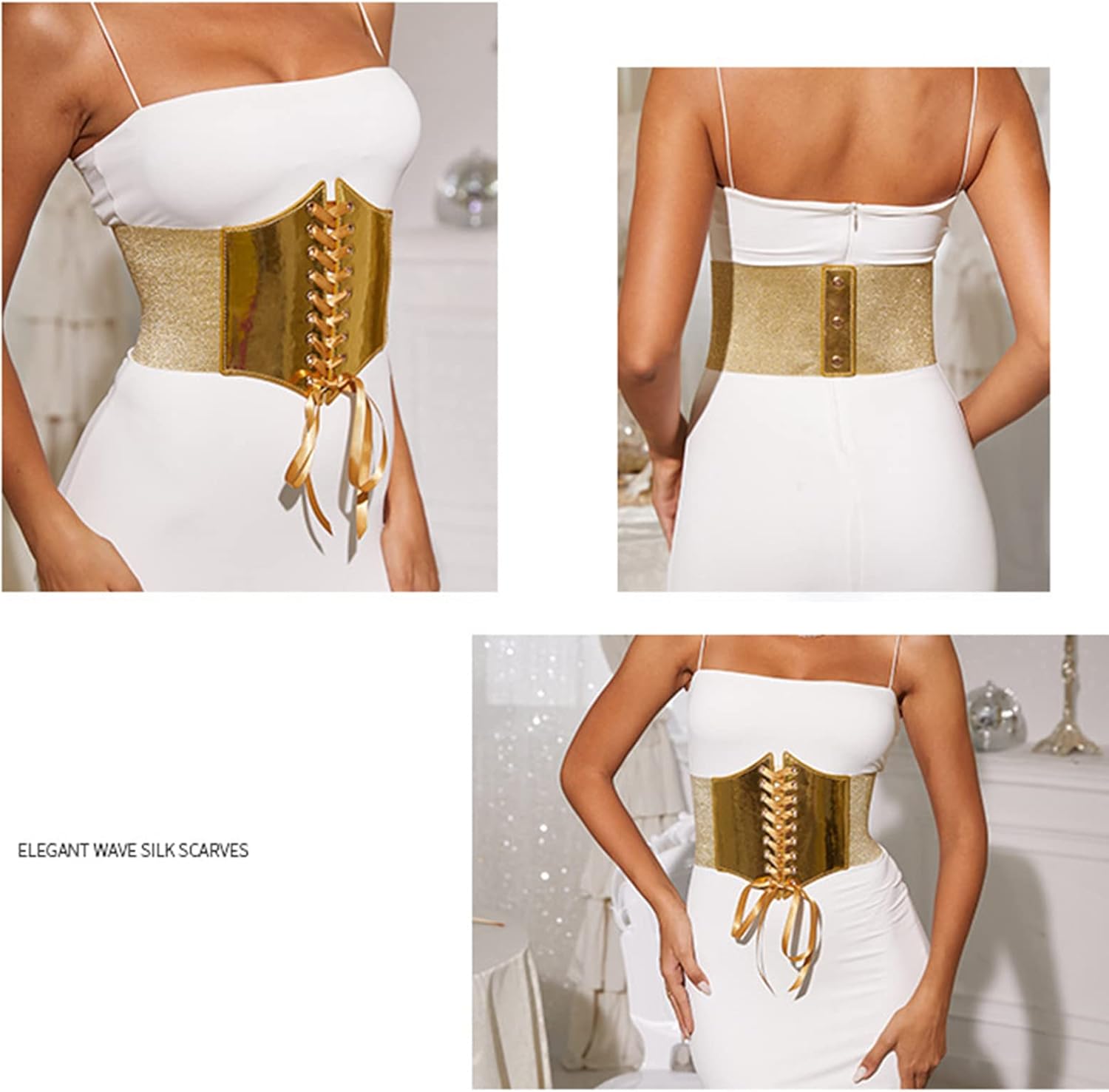 Elastic Gold Corset Belt for Women - Wide Underbust Waist Cinch for Dress