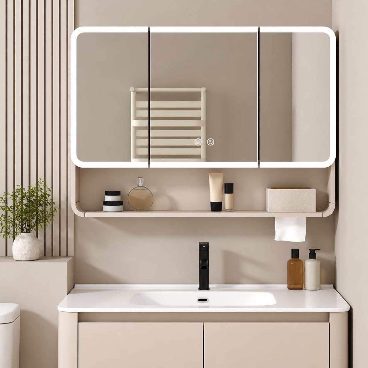 Armario con Espejo Inteligente para baño con Enchufe Integrado para secador de Pelo, Estante de Almacenamiento, Forma Redondeada, multifunción para Maquillaje