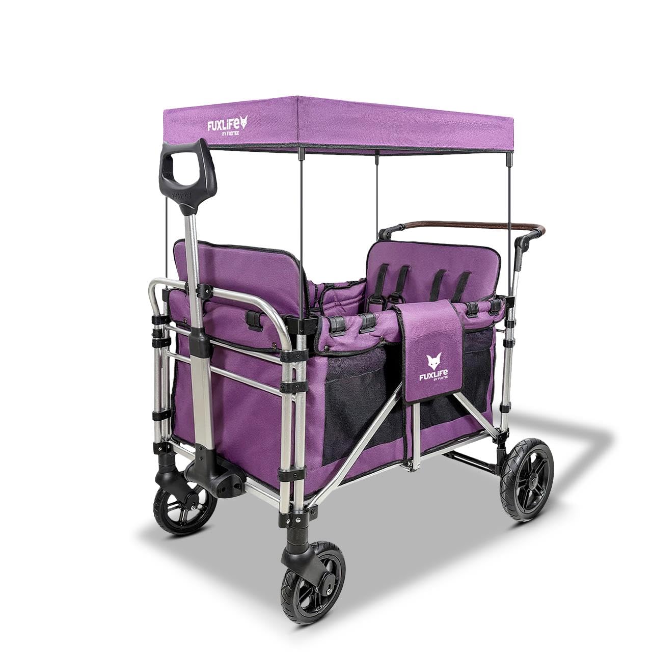 Fuxtec Purple Fuxlife Fx-Ctxl900 Premium Xl Folding Wagon For 4 Kids With Raised Double Seats, 5-Point Safety Belts & Sun Canopy – Foldable Handcart With Solid Rubber Tyres –
