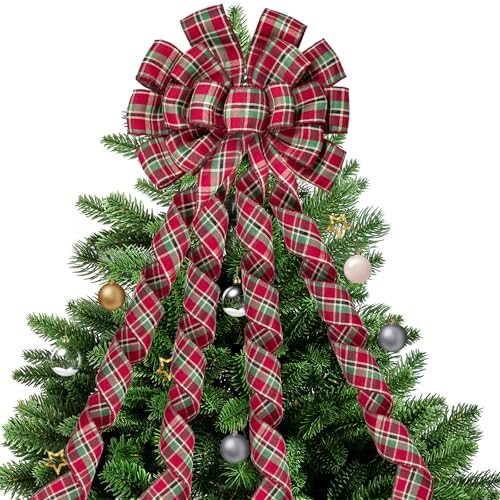 WRAPAHOLIC Large Christmas Tree Topper Bow - 13 x 52 Inch Classic Red and Green Plaid Christmas Tree Topper Ribbon Bow Wreath Bows with Wired Edge for Xmas Ornament Indoor Outdoor Decoration