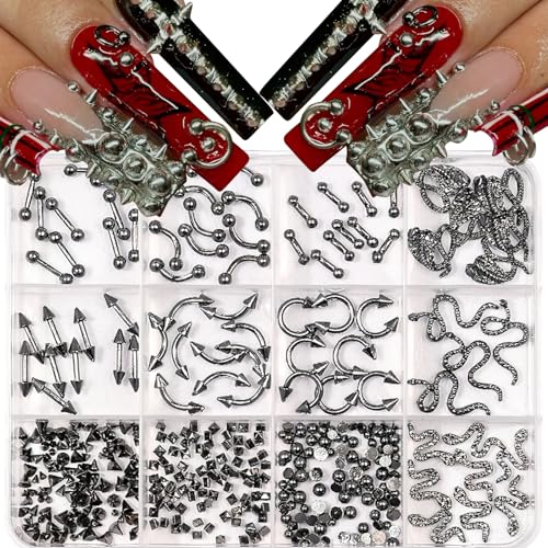 ROFIBUT Gun Black Punk Alloy Nail Charms 3D Piercing, Barbell, Arrow, Ring, Snake Nail Studs Metallic Cross Nail Rhinestones Gothic Y2K Snake Nails Jewelry for Daily Manicure Designs 12Grids