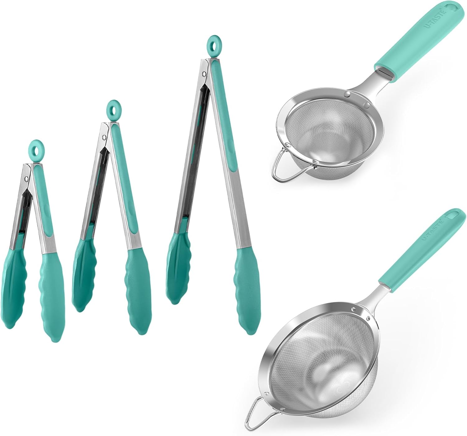 U-Taste 600ºF Heat Resistant Food Grade Non Stick Firm Cooking Tongs Set of 3, and 18/8 Stainless Steel Fine Mesh Strainer with Sturdy Riveted Silicone Handle and Strong Frame Set of 2 (Aqua Sky)