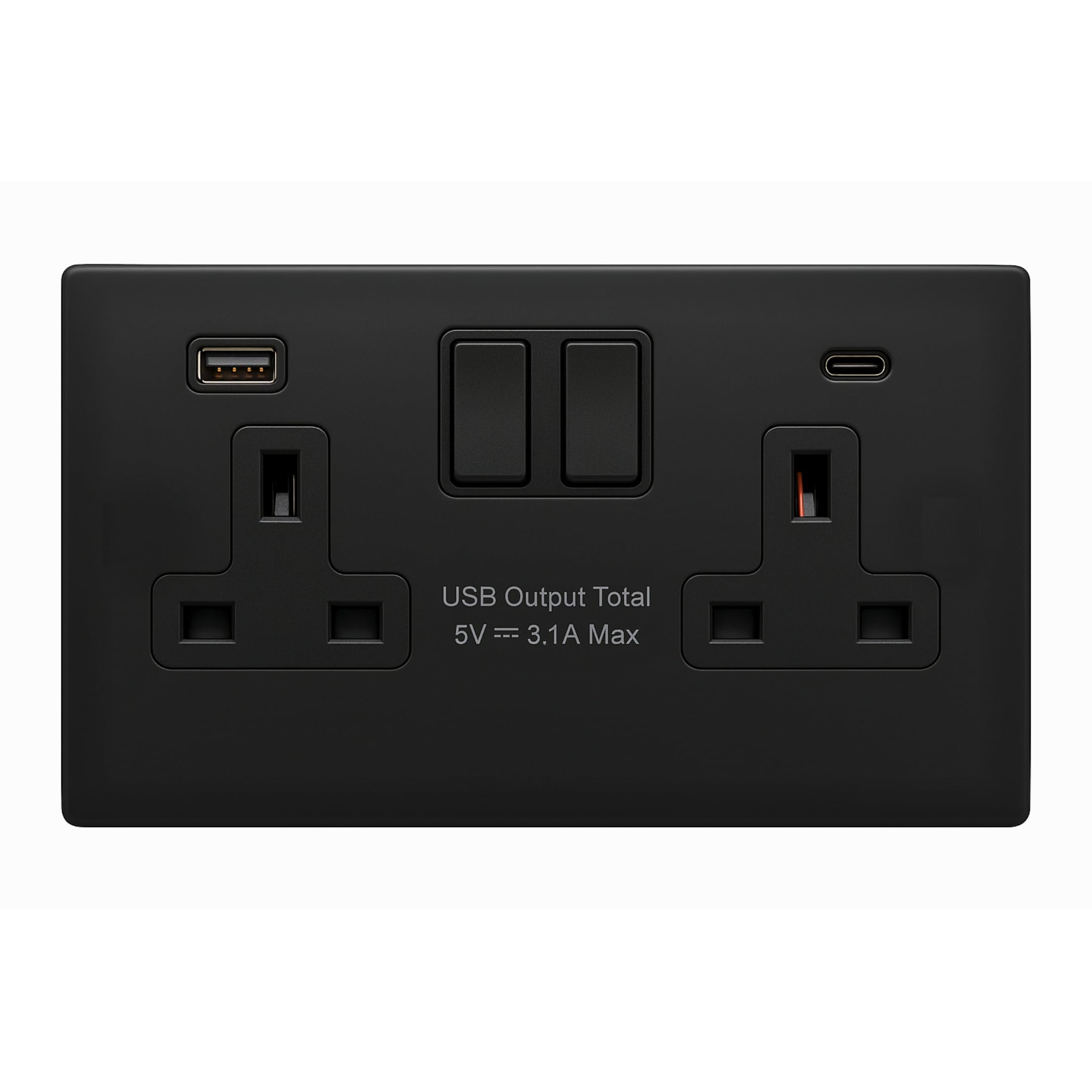 SHPELEC® Matt Black Screwless 2 Gang Plug Socket with USB A C – 4mm Slim Metal Plate Double Socket with Integrated 15W FASTCHARGE USB Ports