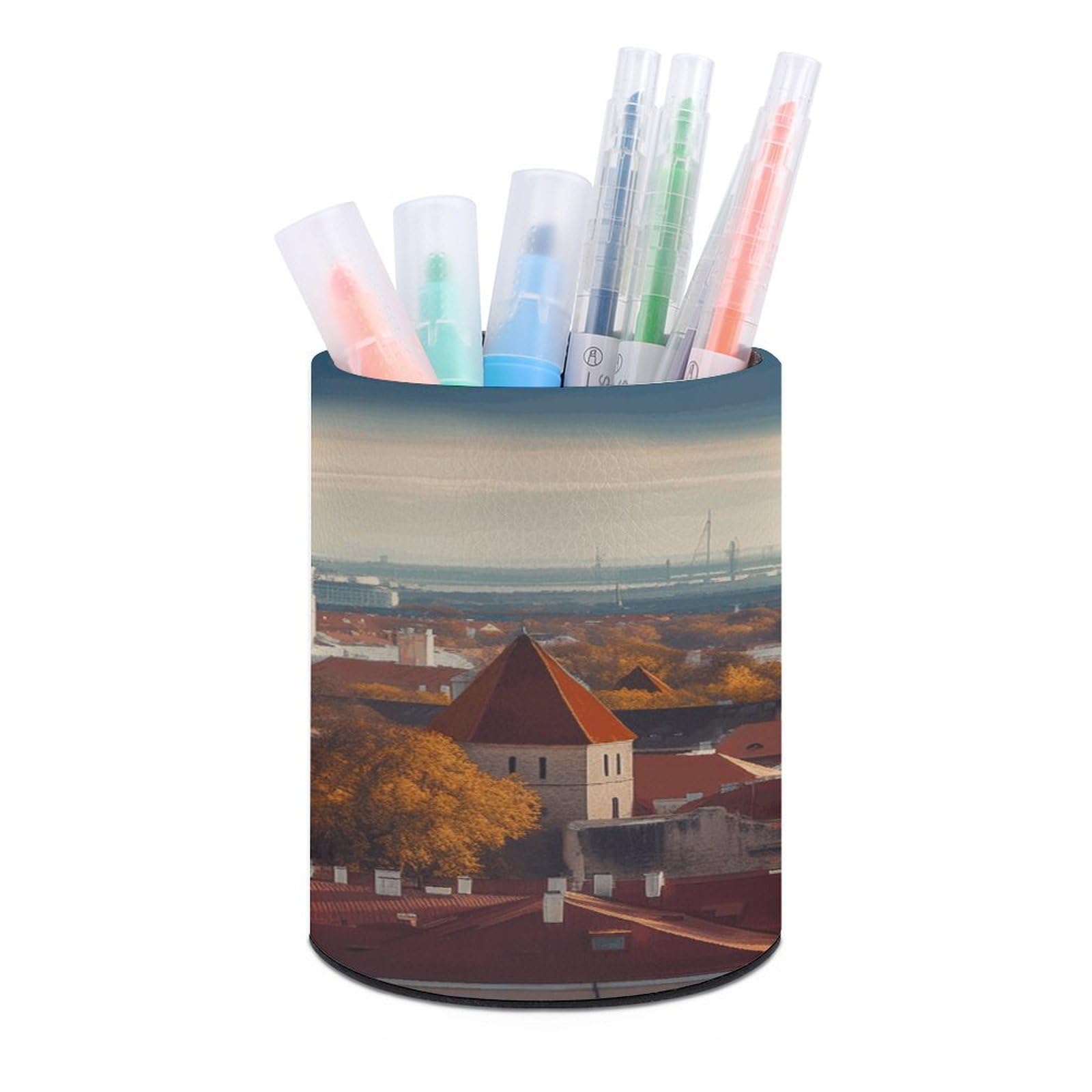 VstaDank Tallinn Estonia Cityscape Pen Holder PU Leather Pencil Cup Minimalist Desk Pencil Holder Round Make Up Brush Organizers For Office Dorm Room&Vanity Desk Accessories