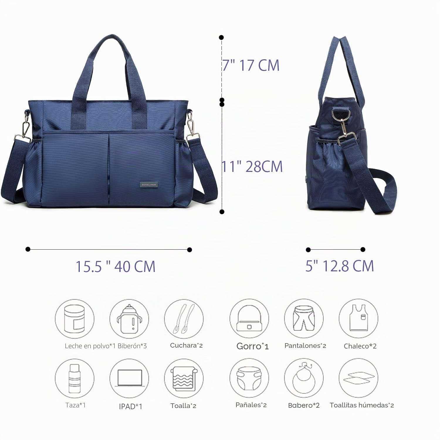 ROYALFAIR bolsa para pañales, bolso cambiador, bolsa de viaje multifuncional para bebé con bolsa isotérmica y clip para cochecito.（Azul marino）