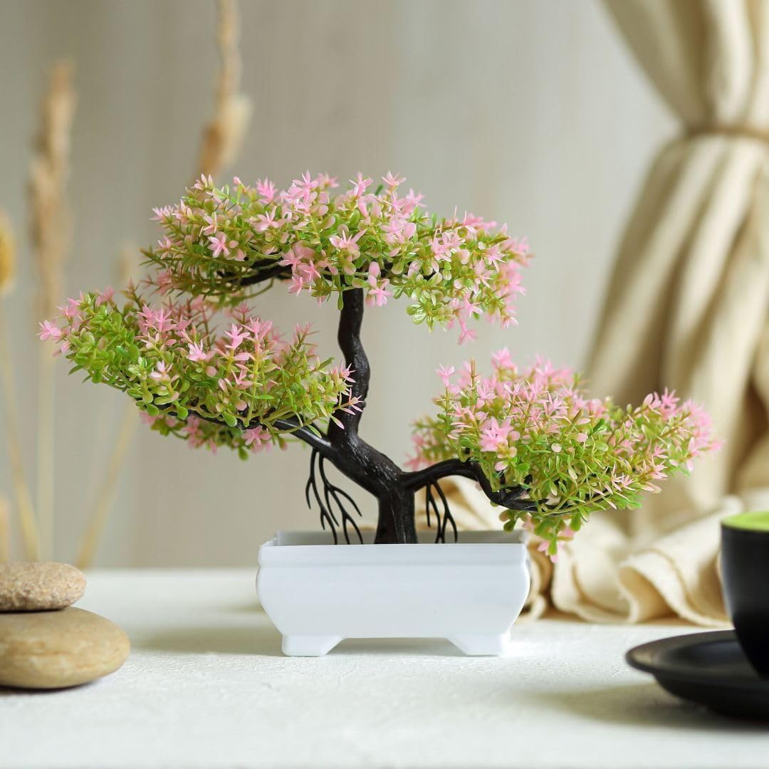 SATYAM KRAFT 1 Pcs Artificial Small Bonsai Flower with Designer Pot | Realistic Looking - No Maintenance | Flower Pot for Home Decor,Office Decor, Table Decor.