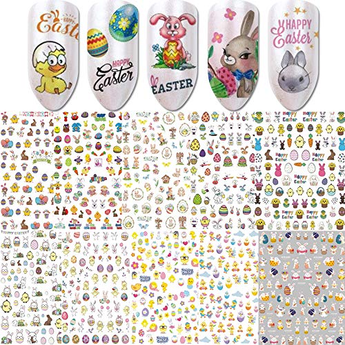 10 Sheets Easter Nail Art Stickers Nail Art Decals Bunny Egg Easter Fingernail Decals Rabbit Chicken Self-Adhesive Nail Art Stickers Decals for Easter Nail Design DIY Nail Art Decorations