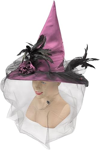 Color morado Fancy gorro de bruja con velo