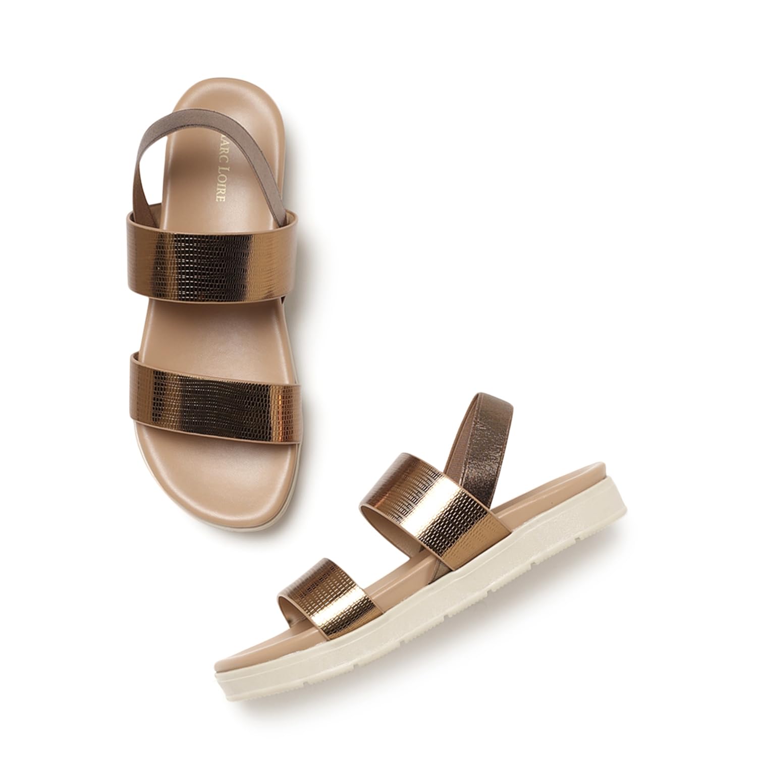 Marc Loire Women's Double Strap Textured Flatform Heel Sandals with Strechable Backstrap