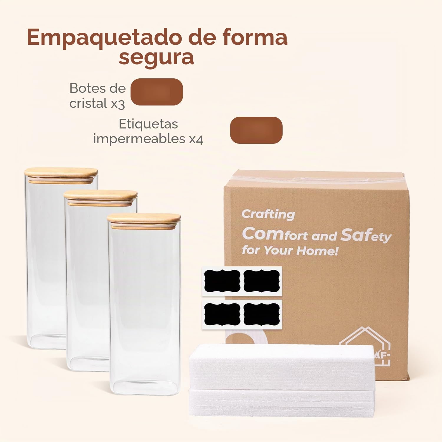 ComSaf Tarros de cristal con tapa 2,1 L, pack de 3 para cocina y despensa | Frascos de vidrio, Botes cocina almacenaje, Tapas de bambú, Pienso para perros, Hojas de té, Anís estrellado