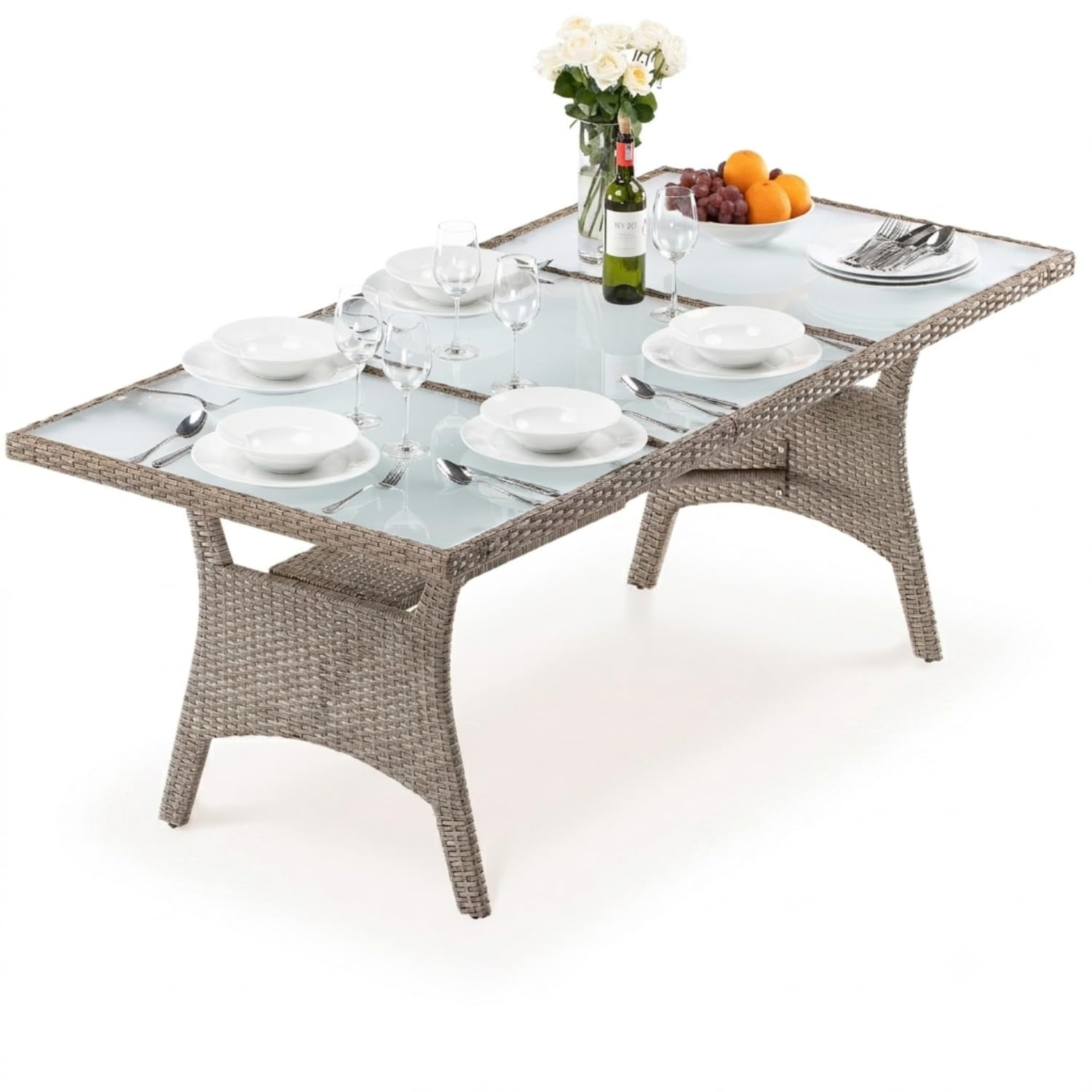 CASARIA® Rattan Garden Dining Table, Shelf & Glass Tabletop, 190x90x74cm